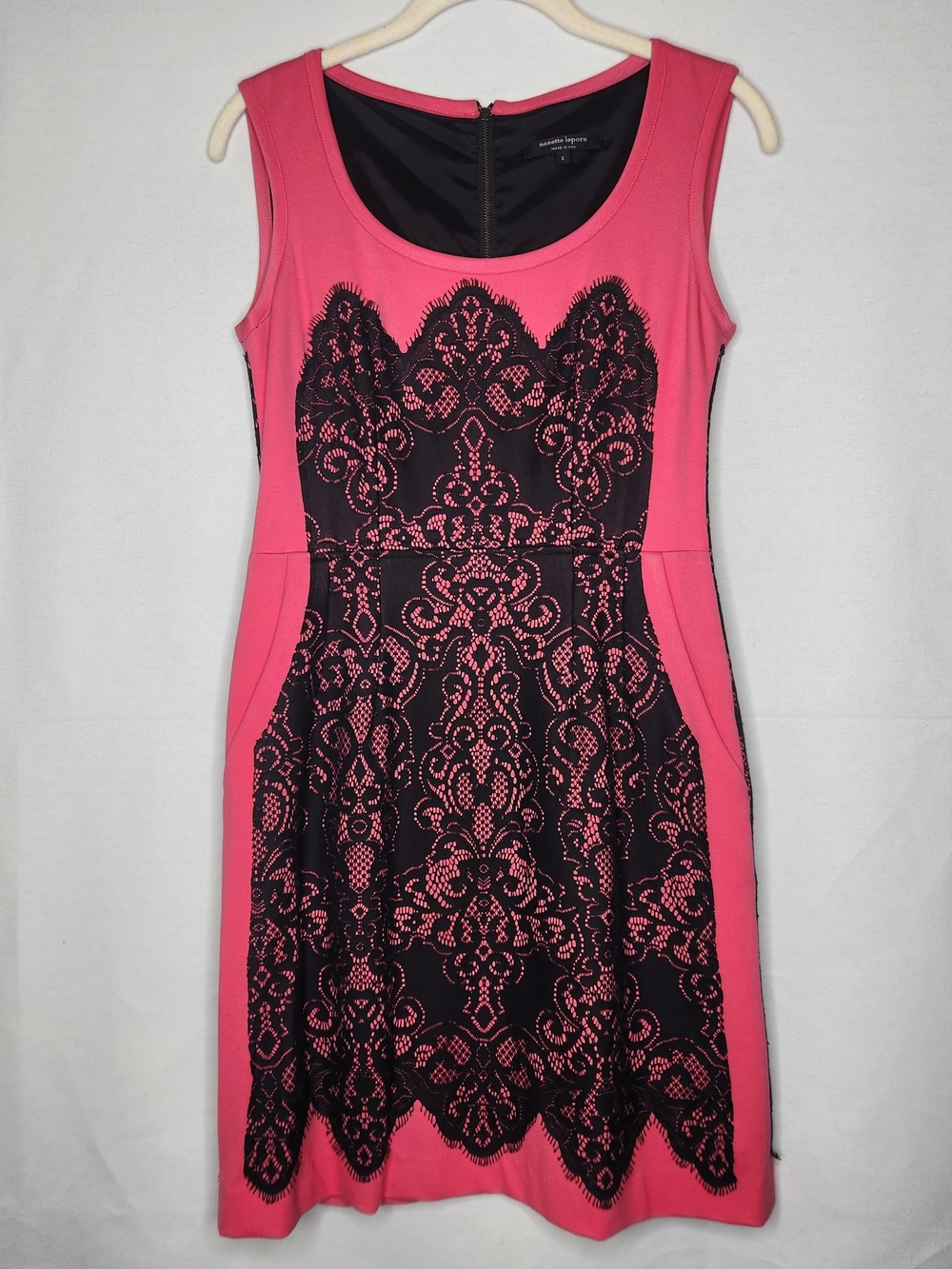 Sleeveless Pink and Black Lace-Overlay Dress